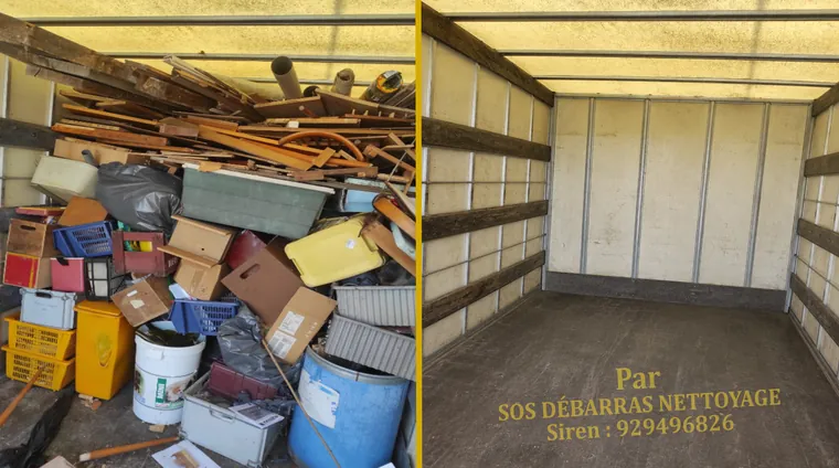 Chargement avant/après du camion à Montrouge : bois, caisses et seaux évacués en filière agréée, benne entièrement vidée