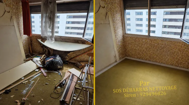 Débarras avant/après d'une pièce d'appartement en étage à Montrouge : matelas, sacs et planches évacués, pièce vidée devant la fenêtre donnant sur l'immeuble voisin