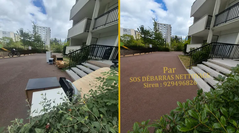 Débarras avant/après au pied d’un immeuble de Vélizy-Villacoublay : meubles, cartons et écran déposés au bas du perron puis chargés, allée rendue libre devant l’escalier